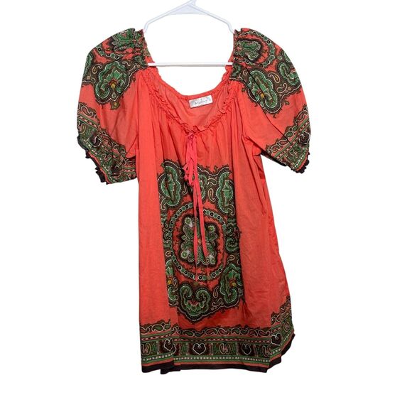 Dressbarn Blouse Women's 2X Puff Sleeve Boho Printed Lightweight Tie Shirt Top - Picture 1 of 11